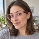 Faye crystal pink acetate eyeglasses, lifestyle wearing photo