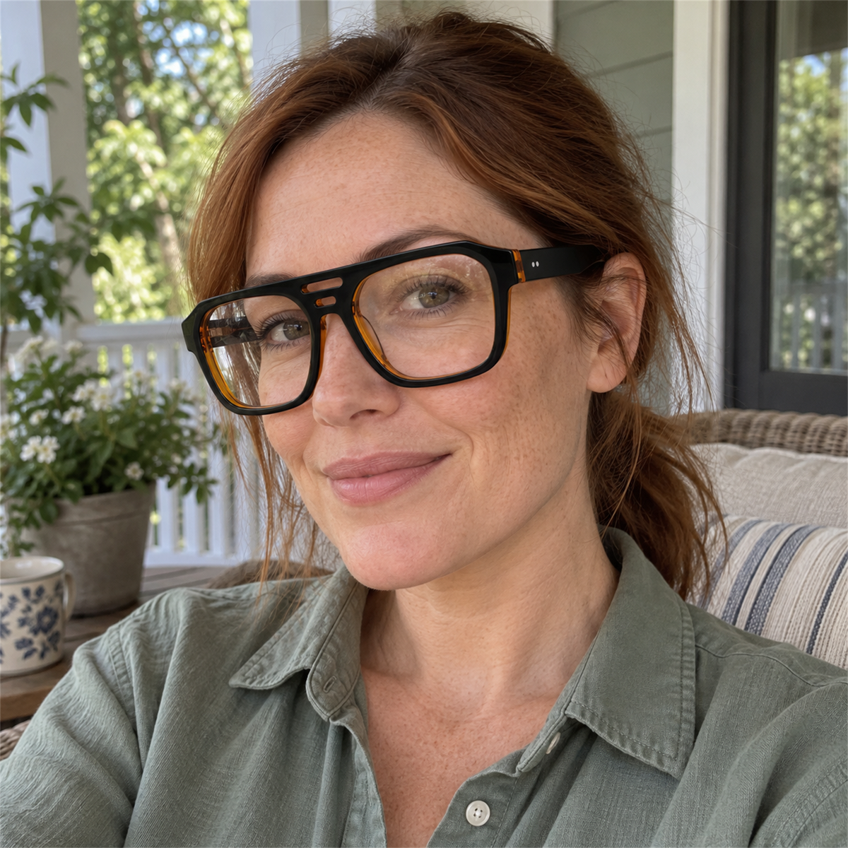 Petra black / amber acetate eyeglasses, lifestyle wearing photo