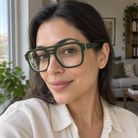 Petra forest green acetate eyeglasses, lifestyle wearing photo