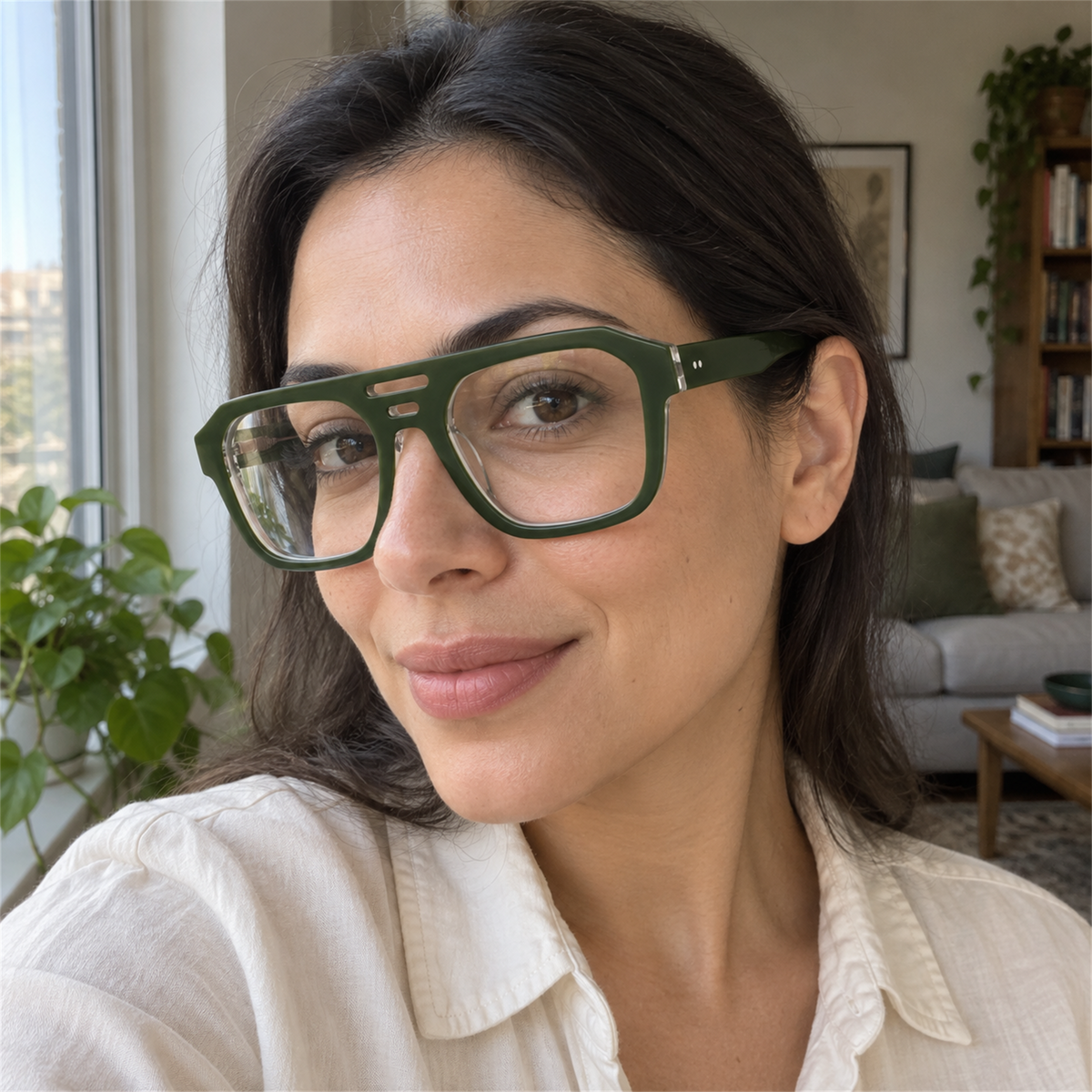 Petra forest green acetate eyeglasses, lifestyle wearing photo