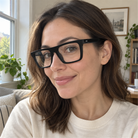 Adele black acetate eyeglasses, lifestyle wearing photo