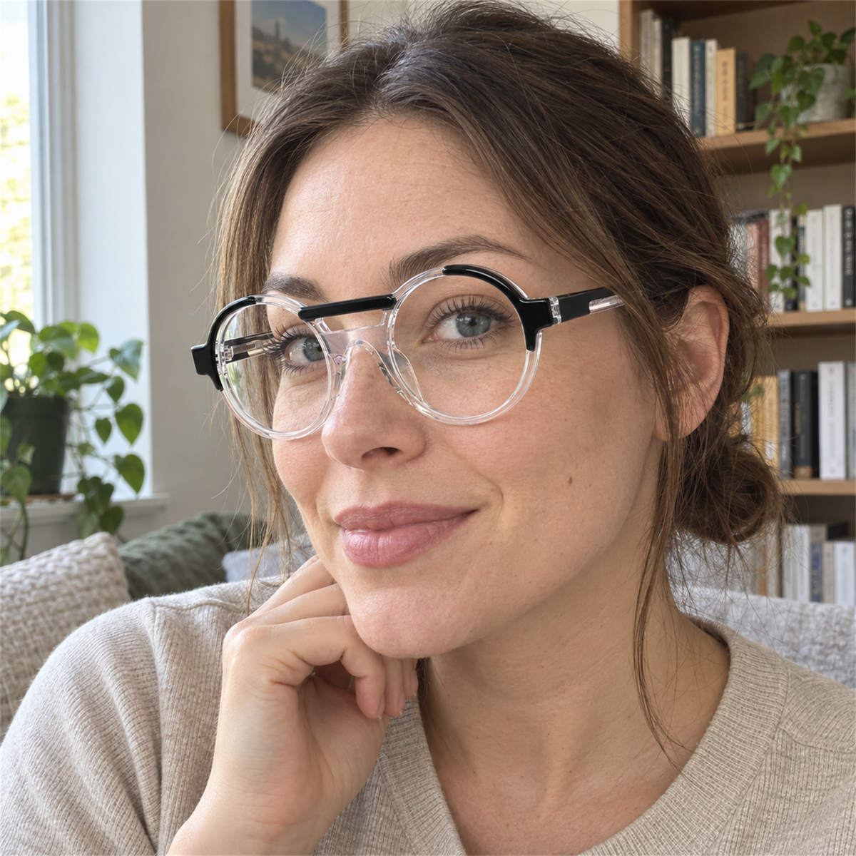 Florence black / crystal clear acetate eyeglasses, lifestyle wearing photo
