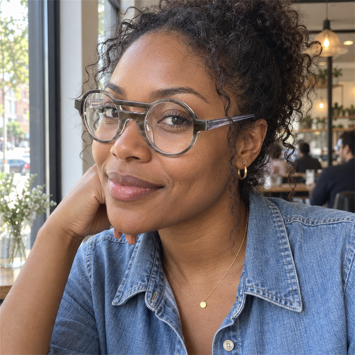 Florence taupe tortoise acetate eyeglasses, lifestyle wearing photo