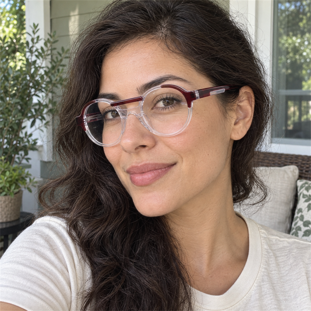 Florence burgundy / crystal clear acetate eyeglasses, lifestyle wearing photo