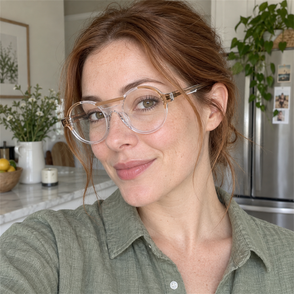 Florence champagne / crystal clear acetate eyeglasses, lifestyle wearing photo