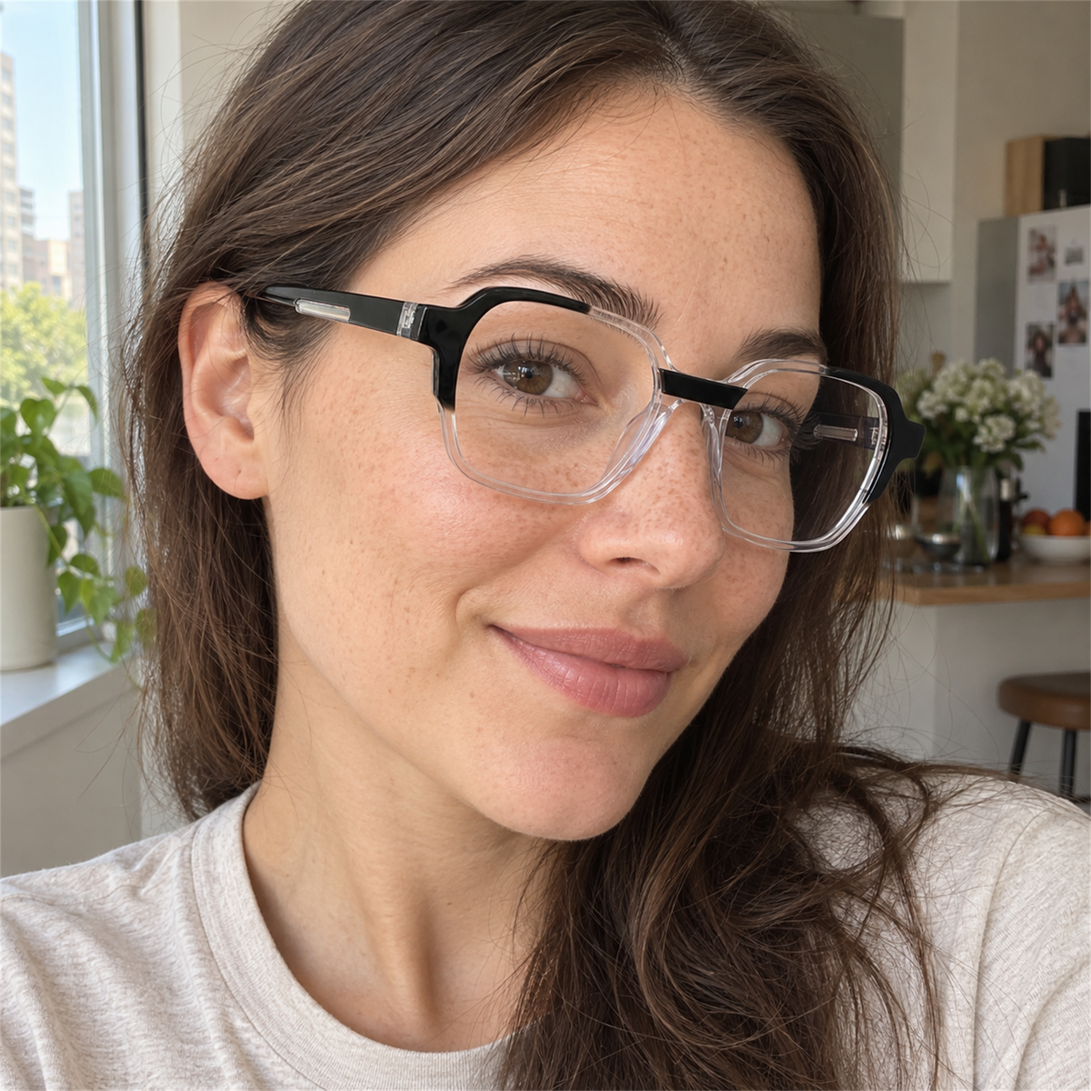 Margot black / crystal clear acetate eyeglasses, lifestyle wearing photo