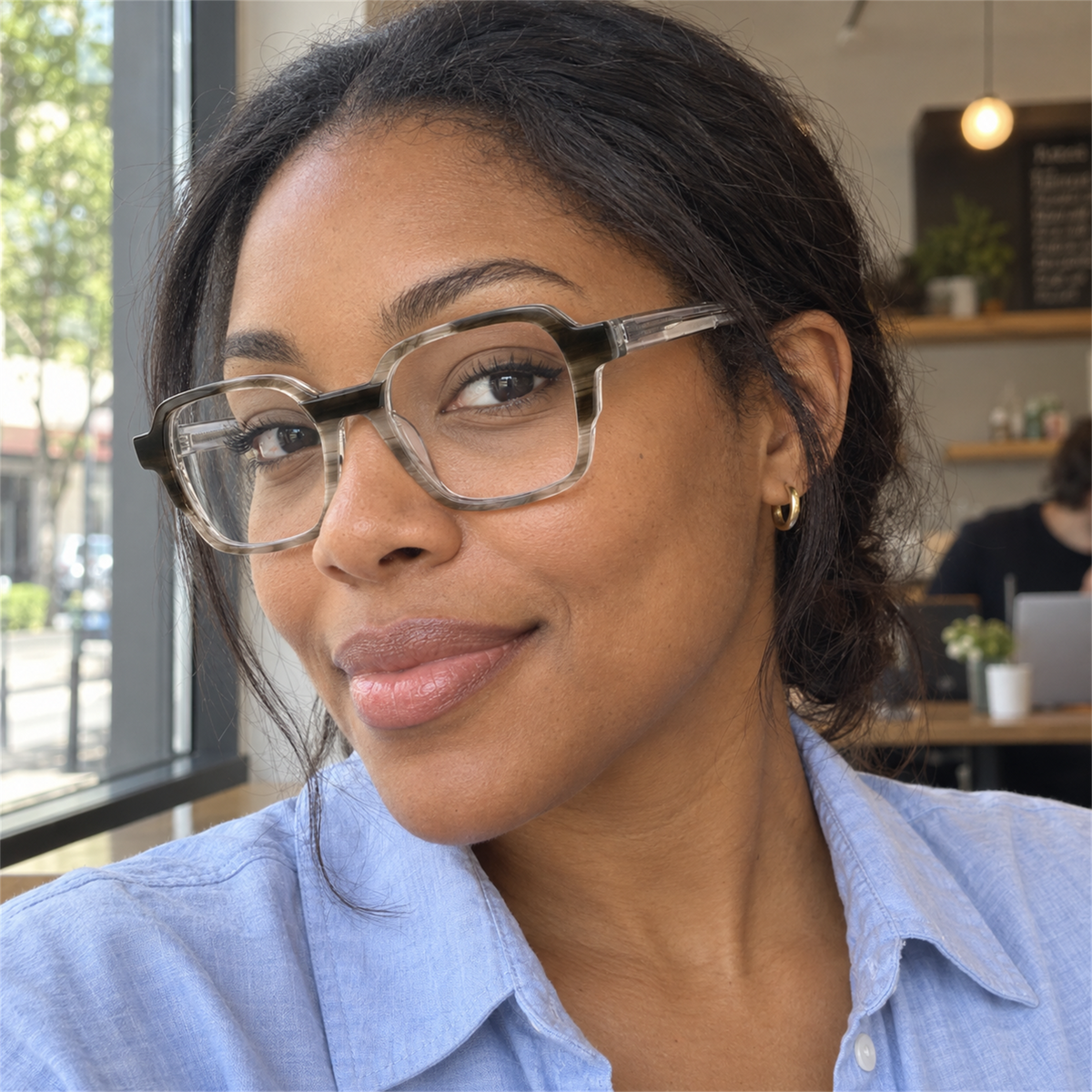 Margot taupe tortoise acetate eyeglasses, lifestyle wearing photo