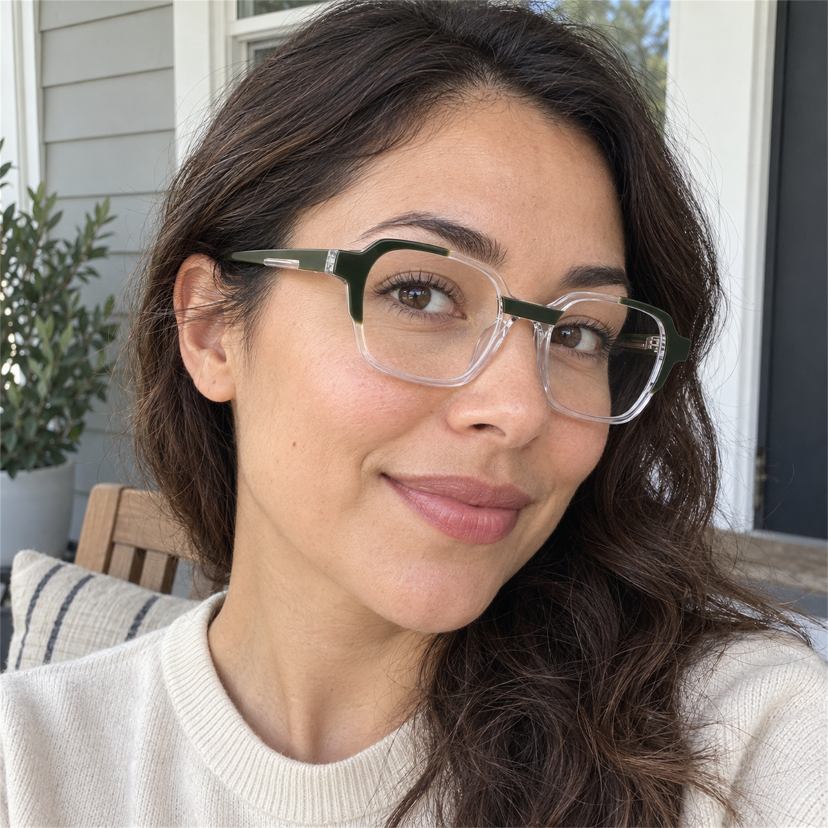 Margot forest green / crystal clear acetate eyeglasses, lifestyle wearing photo