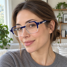 Margot navy / crystal clear acetate eyeglasses, lifestyle wearing photo