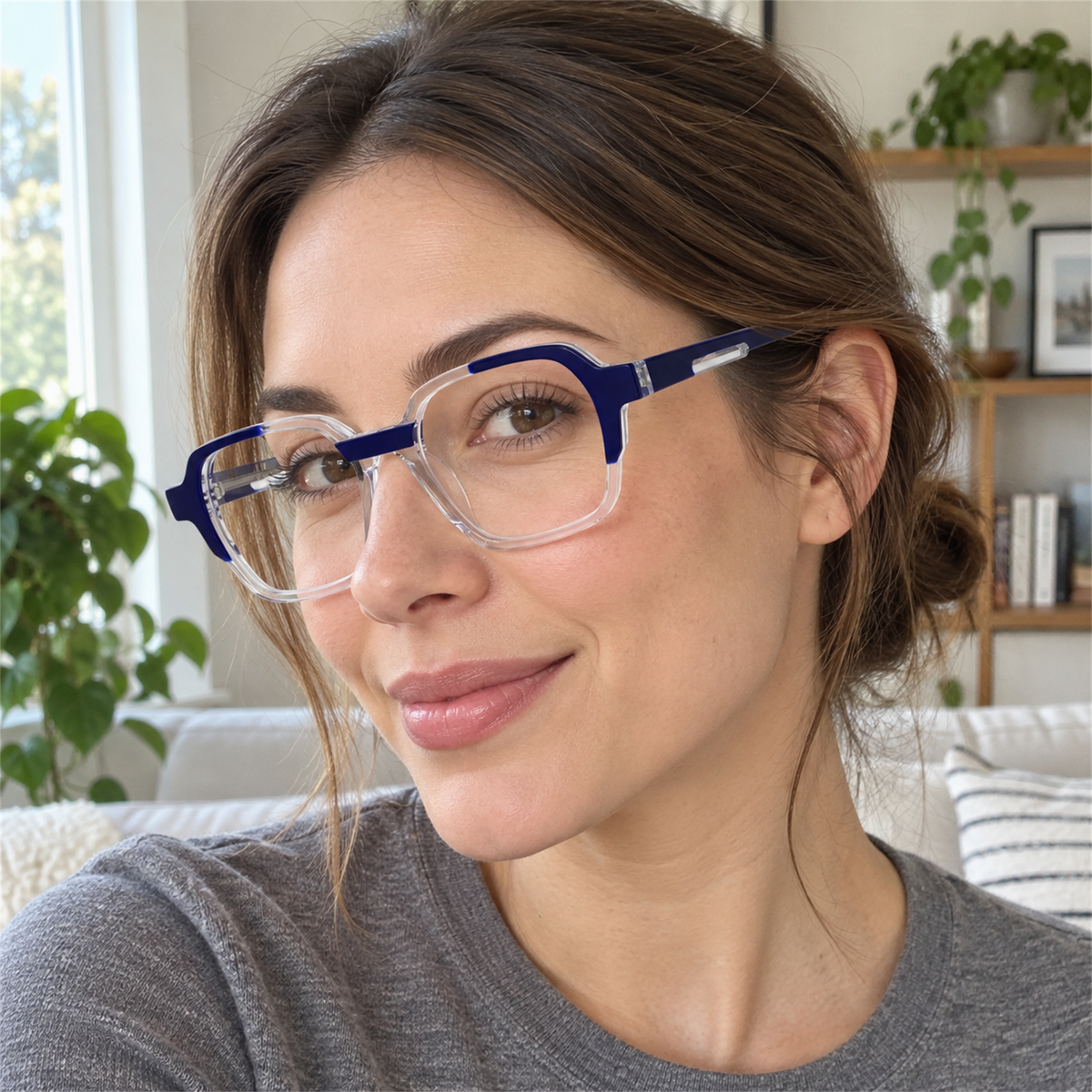 Margot navy / crystal clear acetate eyeglasses, lifestyle wearing photo