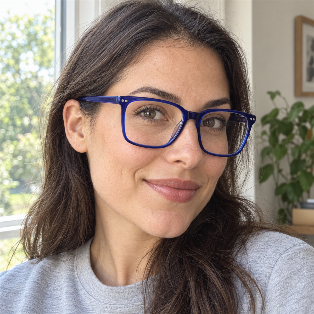 Beatrice cobalt blue acetate eyeglasses, lifestyle wearing photo