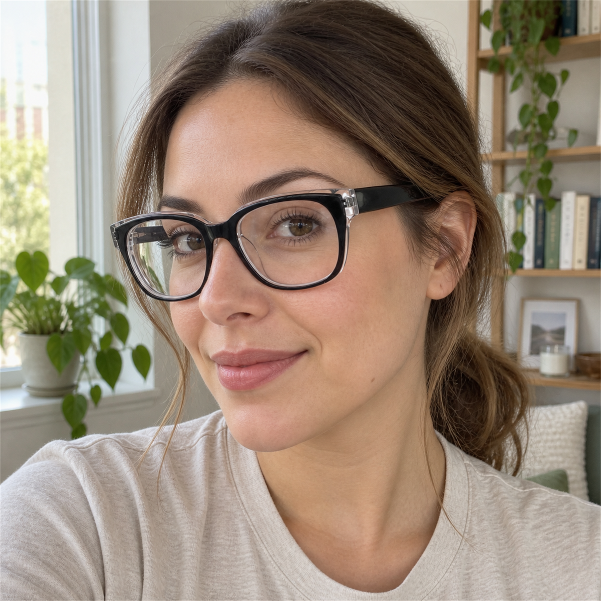Celeste black / crystal clear acetate eyeglasses, lifestyle wearing photo