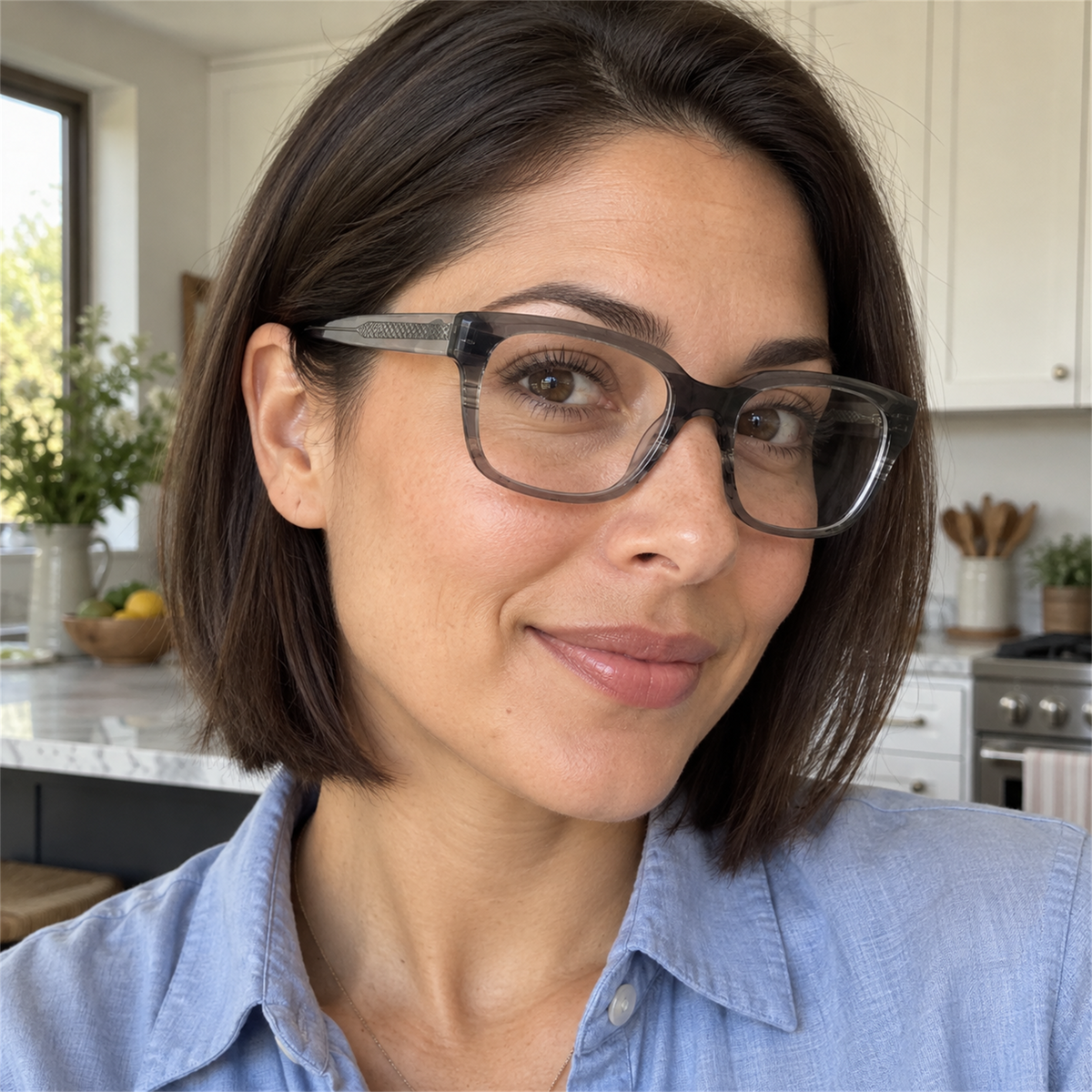 Celeste smoke gray acetate eyeglasses, lifestyle wearing photo