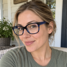 Celeste navy acetate eyeglasses, lifestyle wearing photo