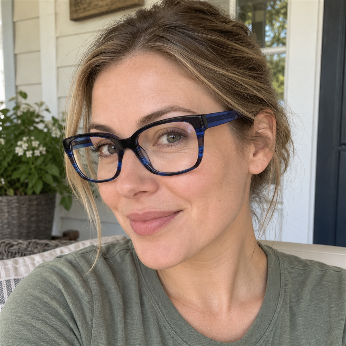 Celeste navy acetate eyeglasses, lifestyle wearing photo
