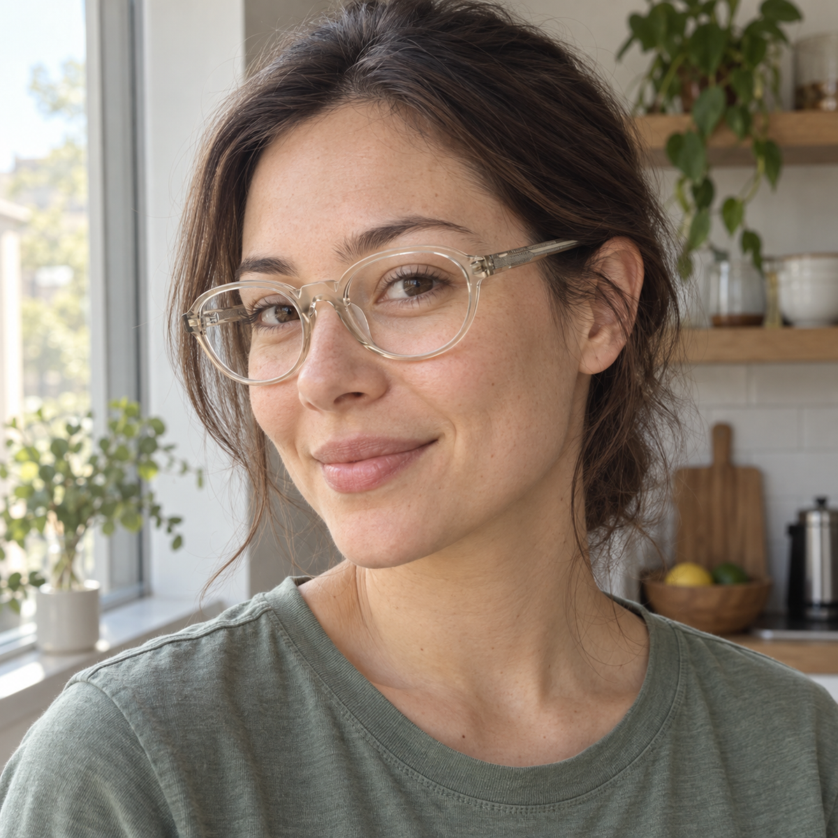 Laurel crystal champagne acetate eyeglasses, lifestyle wearing photo