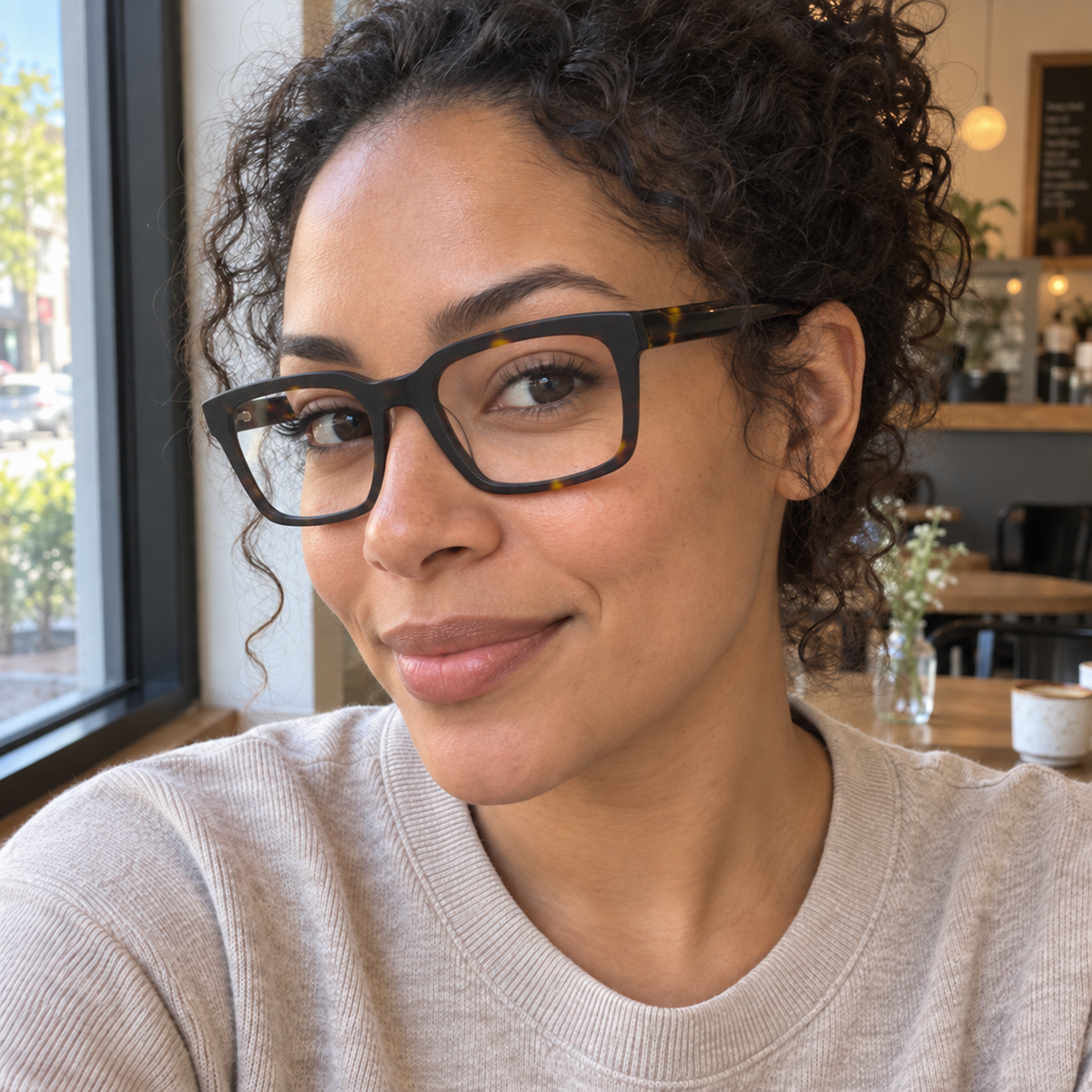Isabel dark tortoise acetate eyeglasses, lifestyle wearing photo