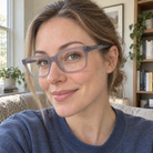 Isabel crystal lilac acetate eyeglasses, lifestyle wearing photo