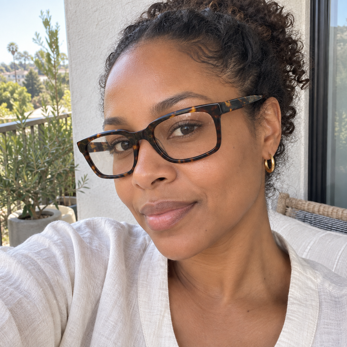 Cecily dark tortoise acetate eyeglasses, lifestyle wearing photo