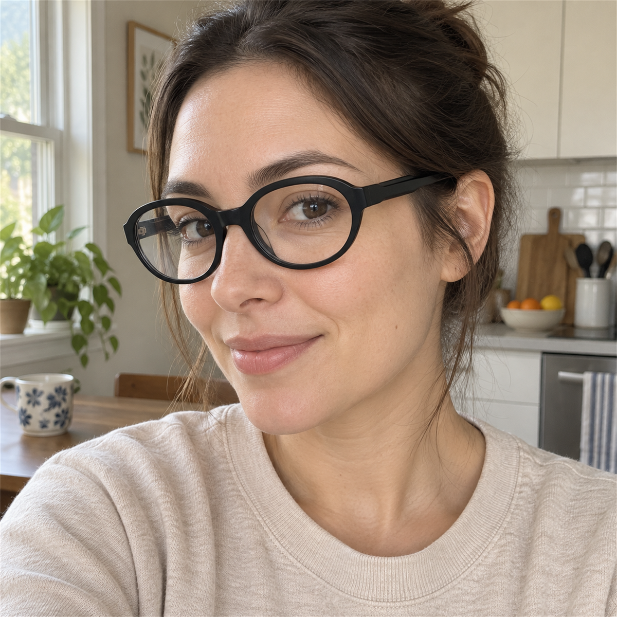 Colette black acetate eyeglasses, lifestyle wearing photo