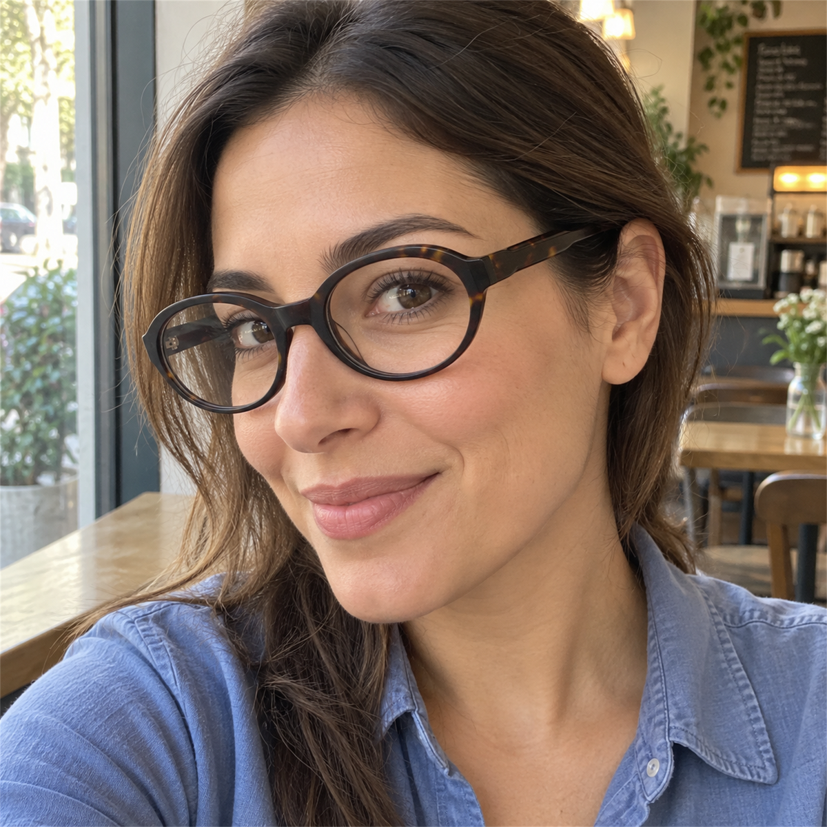 Colette tortoise acetate eyeglasses, lifestyle wearing photo