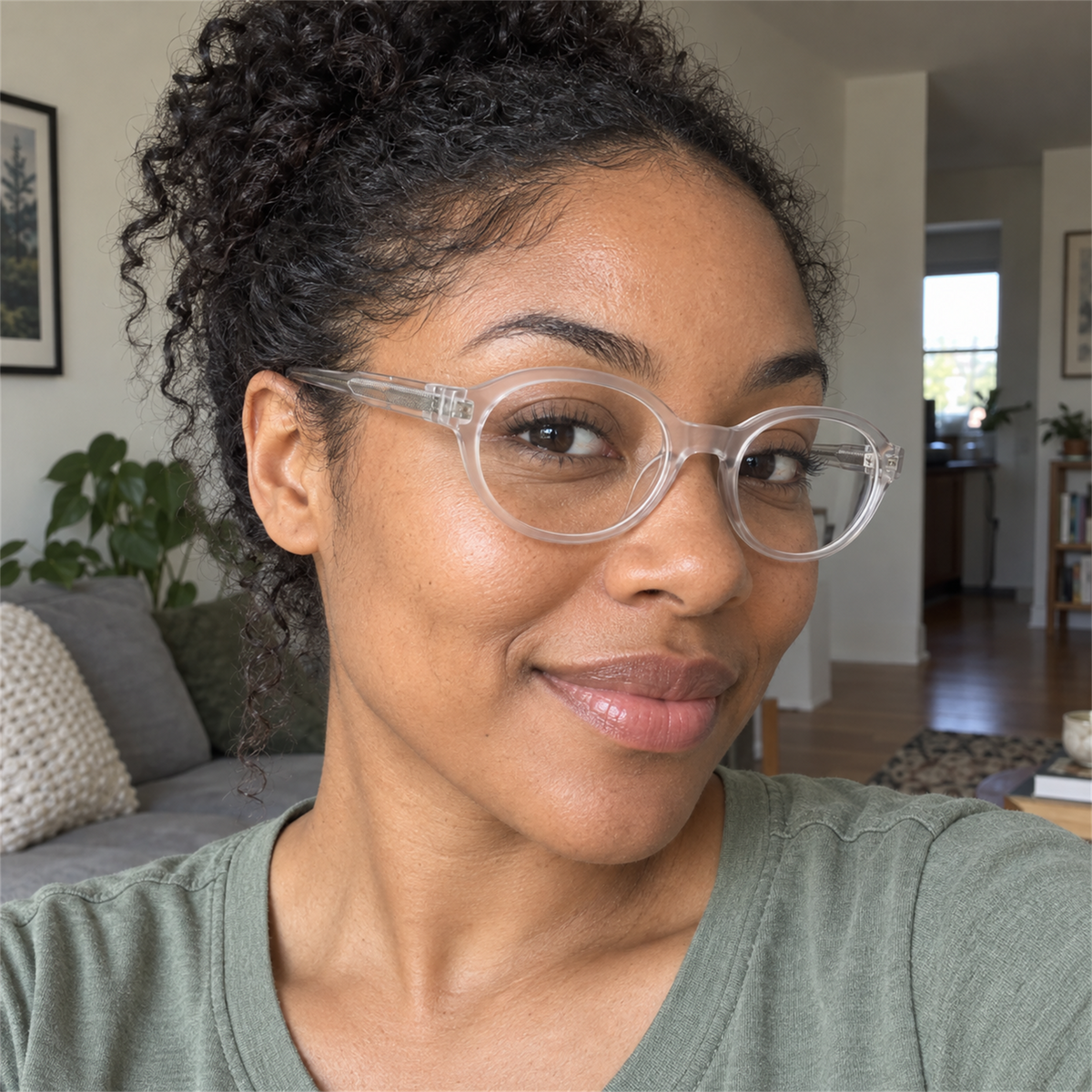 Colette crystal clear acetate eyeglasses, lifestyle wearing photo