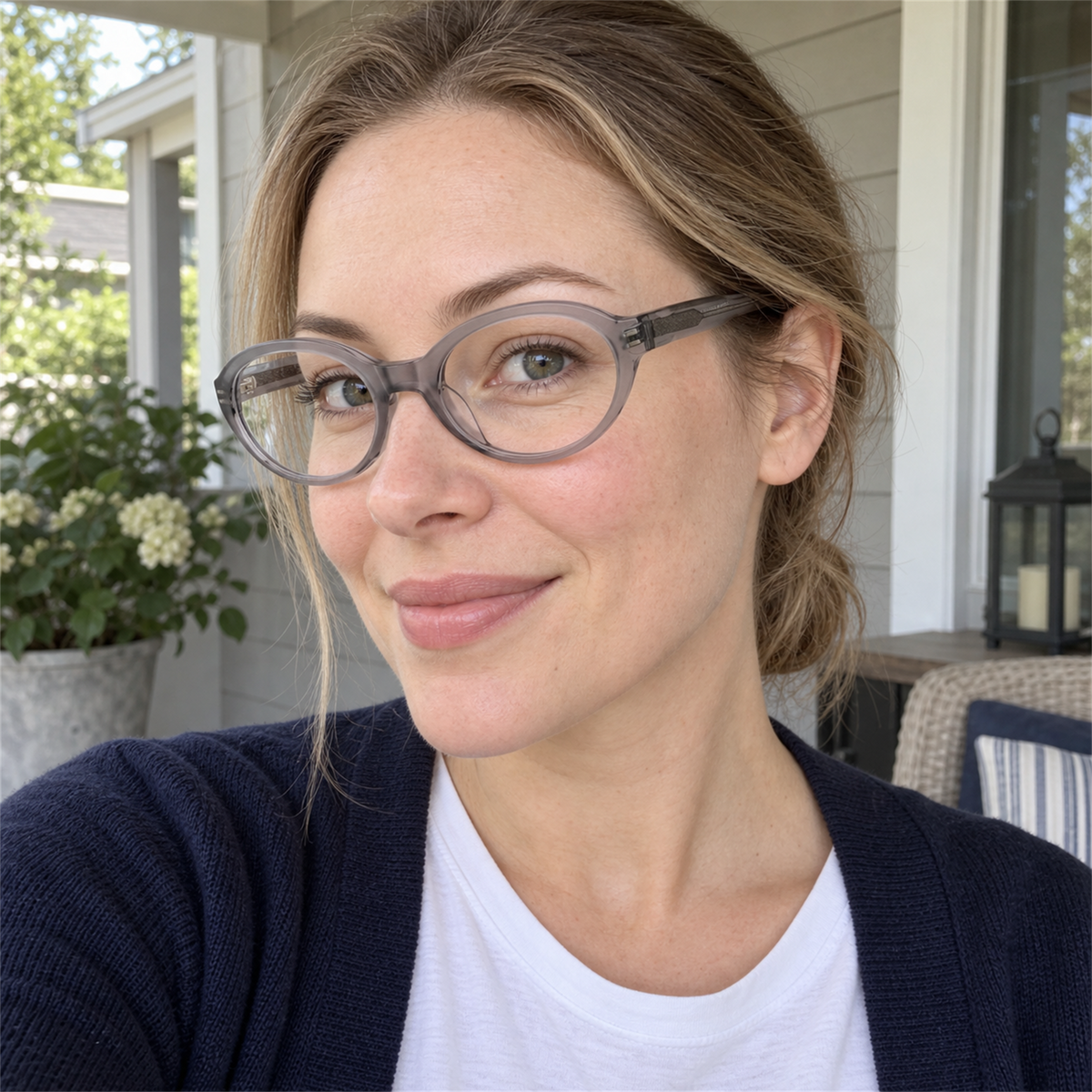 Colette smoke gray acetate eyeglasses, lifestyle wearing photo