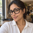 Matilda dark tortoise acetate eyeglasses, lifestyle wearing photo