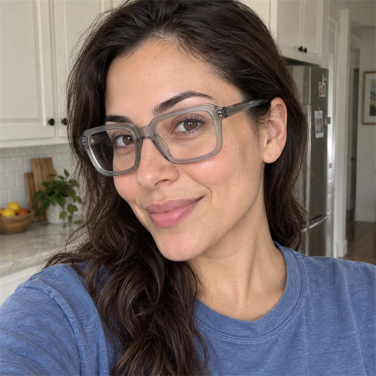 Matilda crystal taupe acetate eyeglasses, lifestyle wearing photo