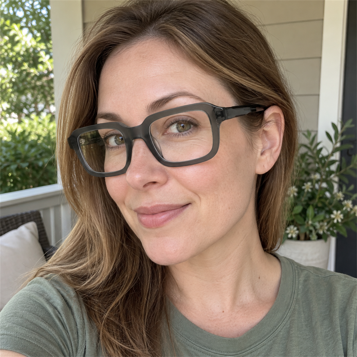 Matilda charcoal gray acetate eyeglasses, lifestyle wearing photo