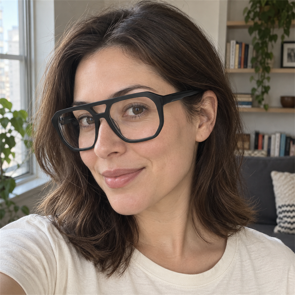 Simone black acetate eyeglasses, lifestyle wearing photo