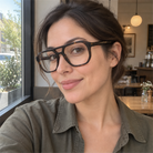 Simone dark tortoise acetate eyeglasses, lifestyle wearing photo