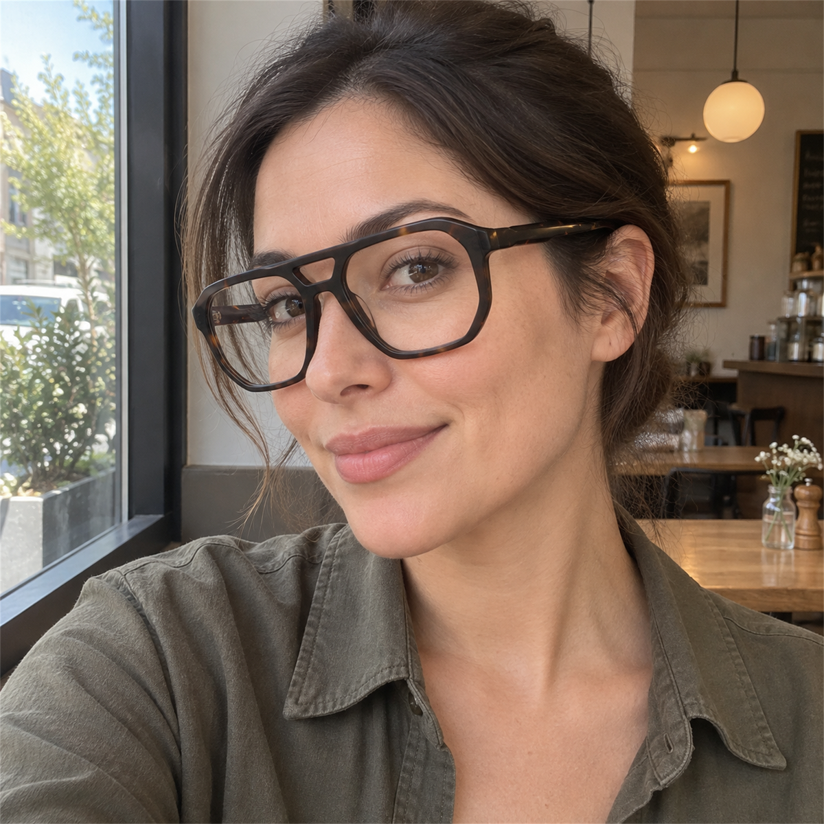 Simone dark tortoise acetate eyeglasses, lifestyle wearing photo