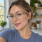 Simone champagne acetate eyeglasses, lifestyle wearing photo