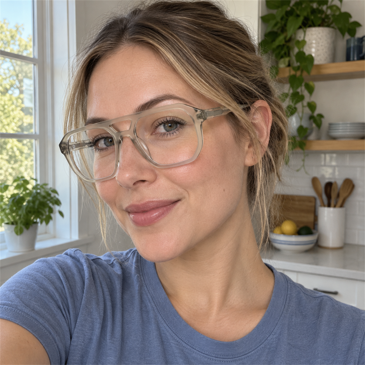 Simone champagne acetate eyeglasses, lifestyle wearing photo