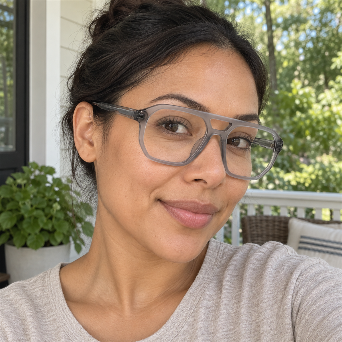 Simone smoke gray acetate eyeglasses, lifestyle wearing photo