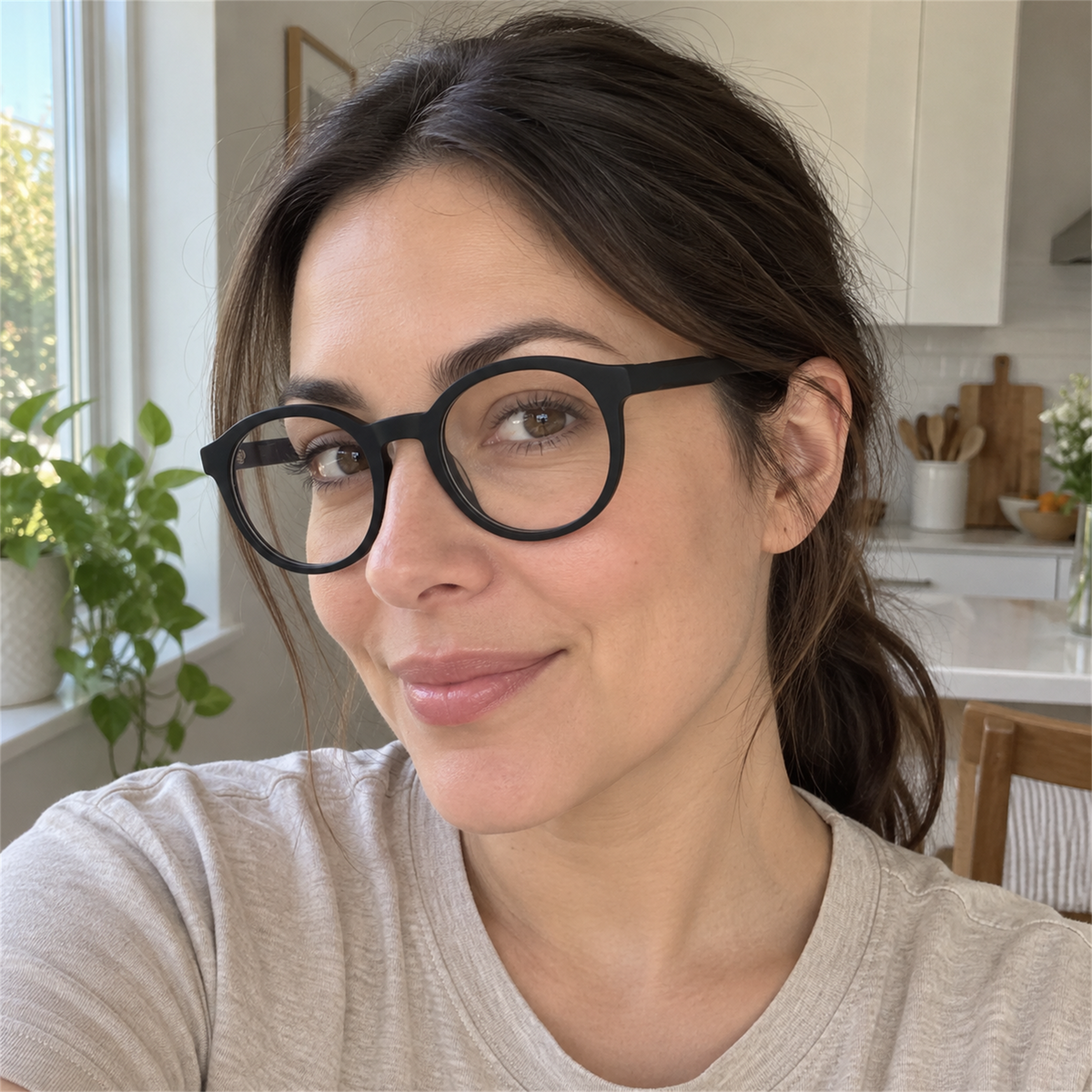 Rosalie black acetate eyeglasses, lifestyle wearing photo
