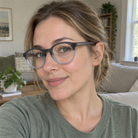 Rosalie crystal blue gray acetate eyeglasses, lifestyle wearing photo