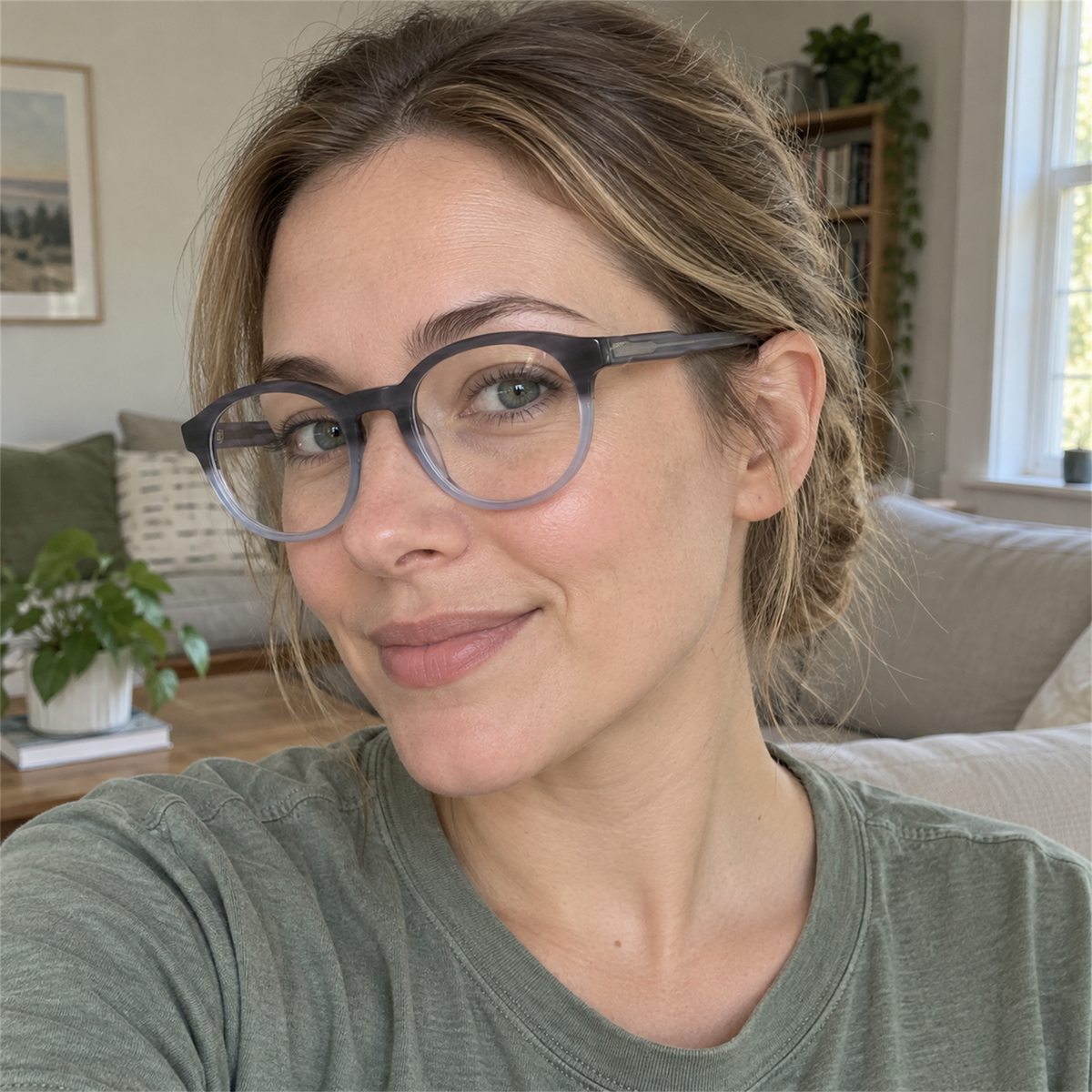 Rosalie crystal blue gray acetate eyeglasses, lifestyle wearing photo
