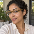 Rosalie honey amber acetate eyeglasses, lifestyle wearing photo