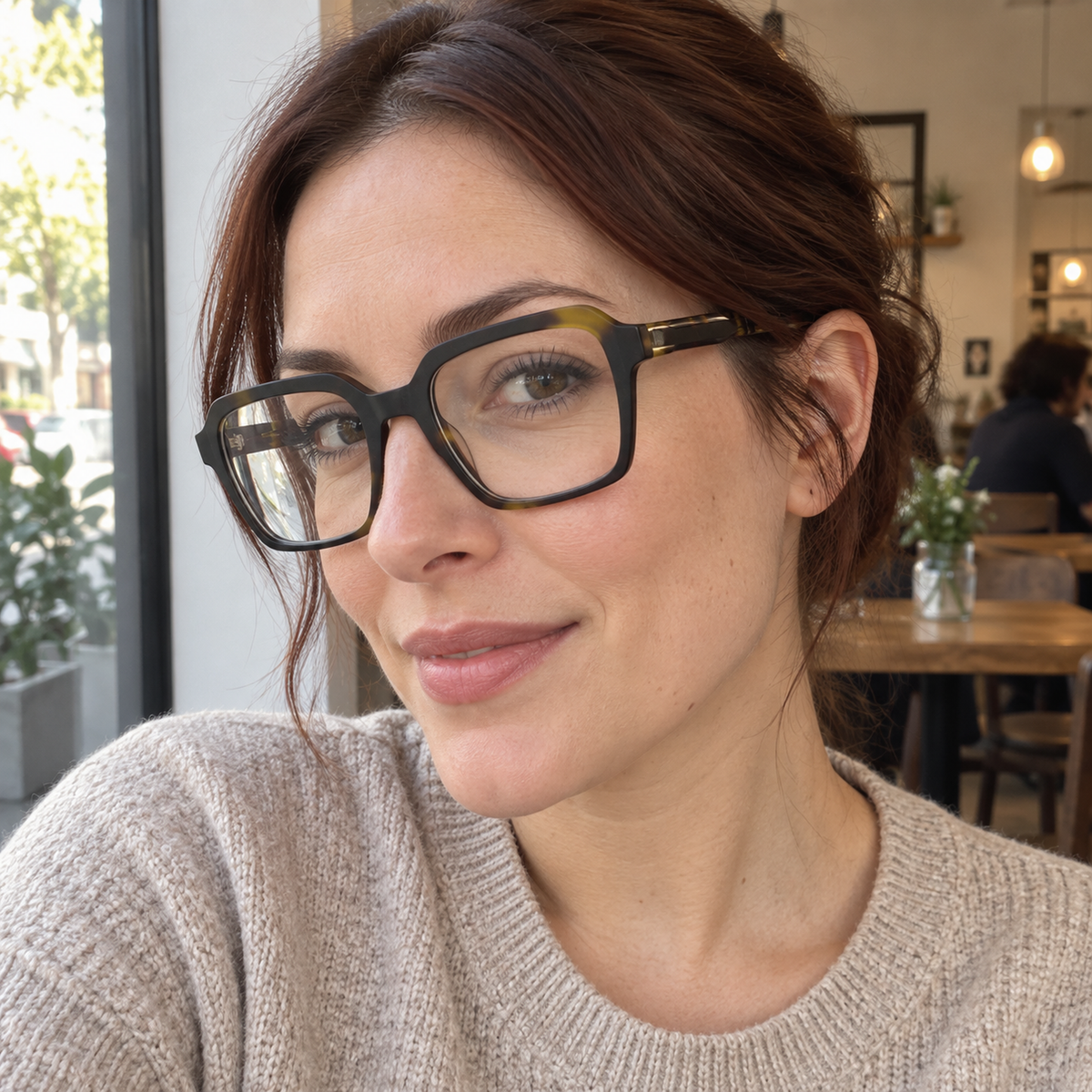 Estelle dark tortoise acetate eyeglasses, lifestyle wearing photo
