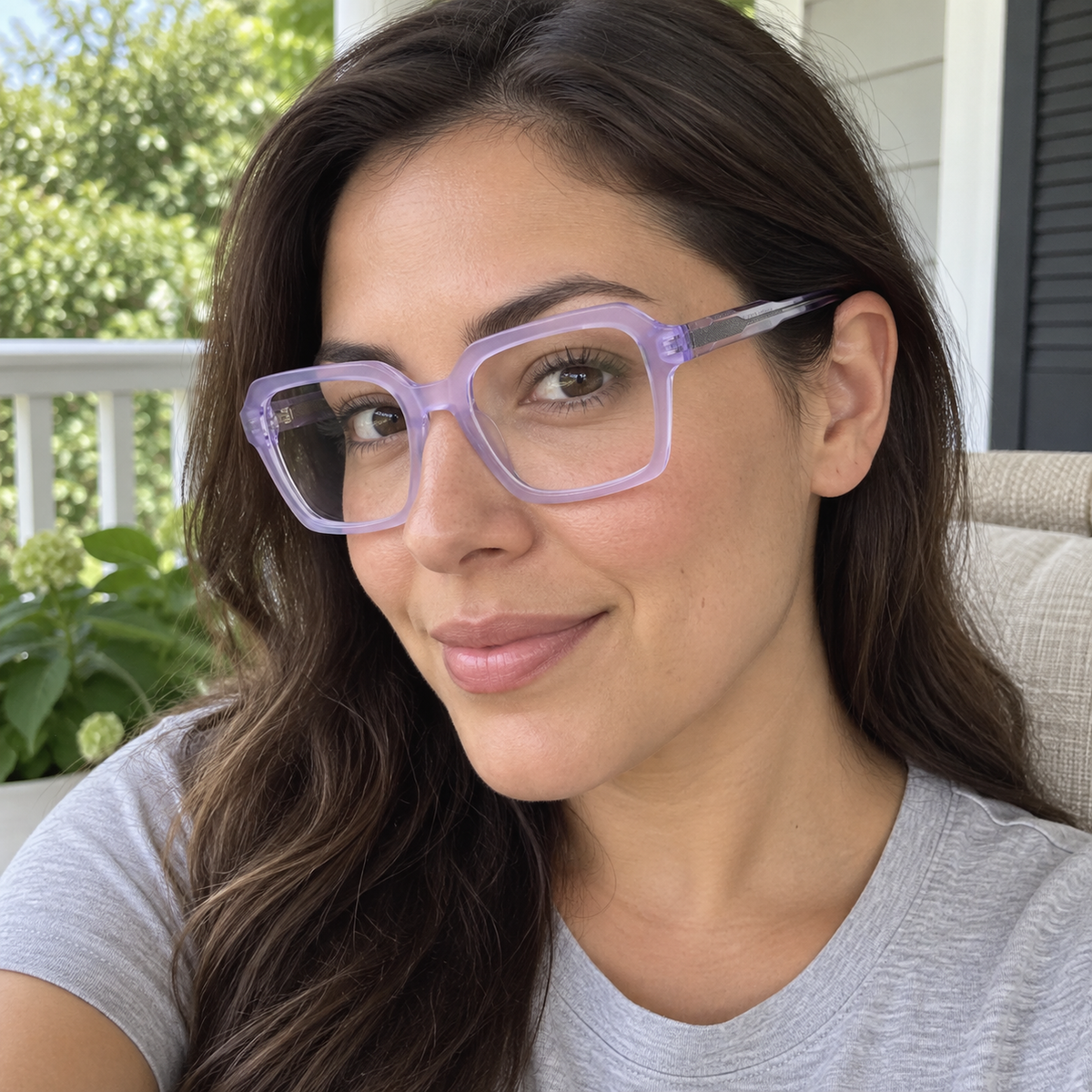 Estelle crystal lilac acetate eyeglasses, lifestyle wearing photo