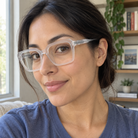Estelle crystal clear acetate eyeglasses, lifestyle wearing photo