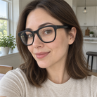 Juliette black acetate eyeglasses, lifestyle wearing photo