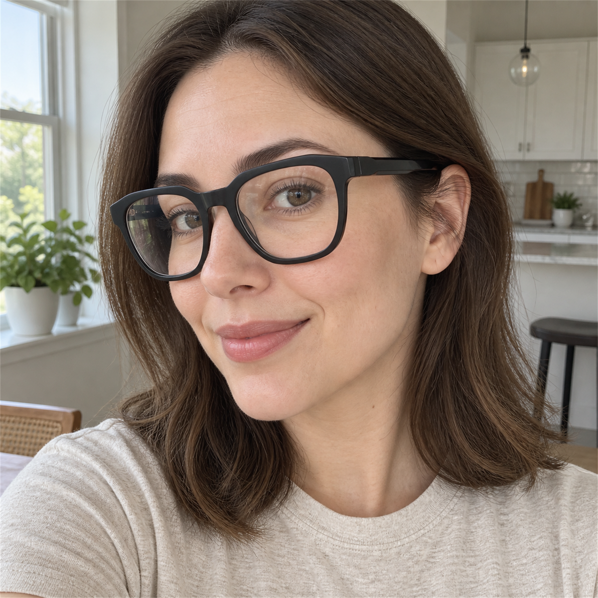 Juliette black acetate eyeglasses, lifestyle wearing photo