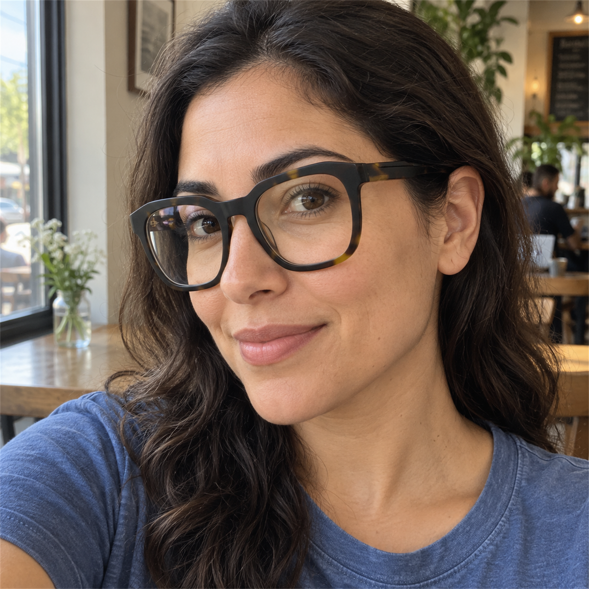 Juliette dark tortoise acetate eyeglasses, lifestyle wearing photo