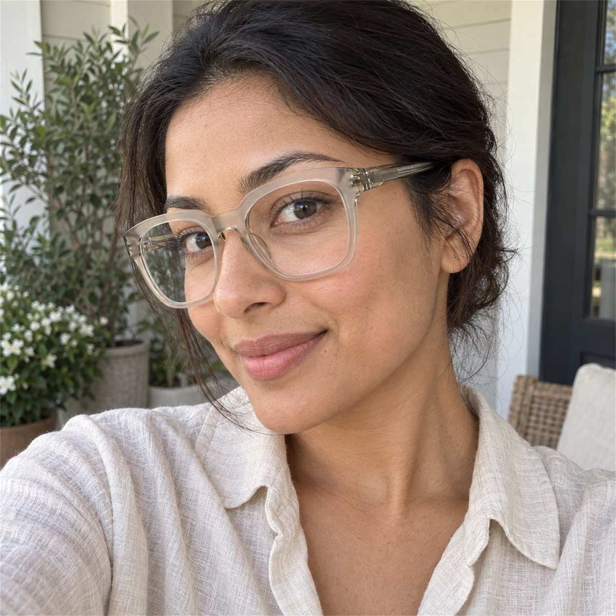 Juliette crystal champagne acetate eyeglasses, lifestyle wearing photo
