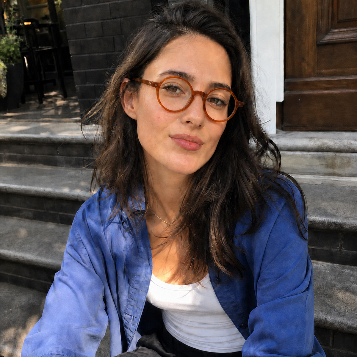 Marlow amber brown acetate glasses worn by a customer