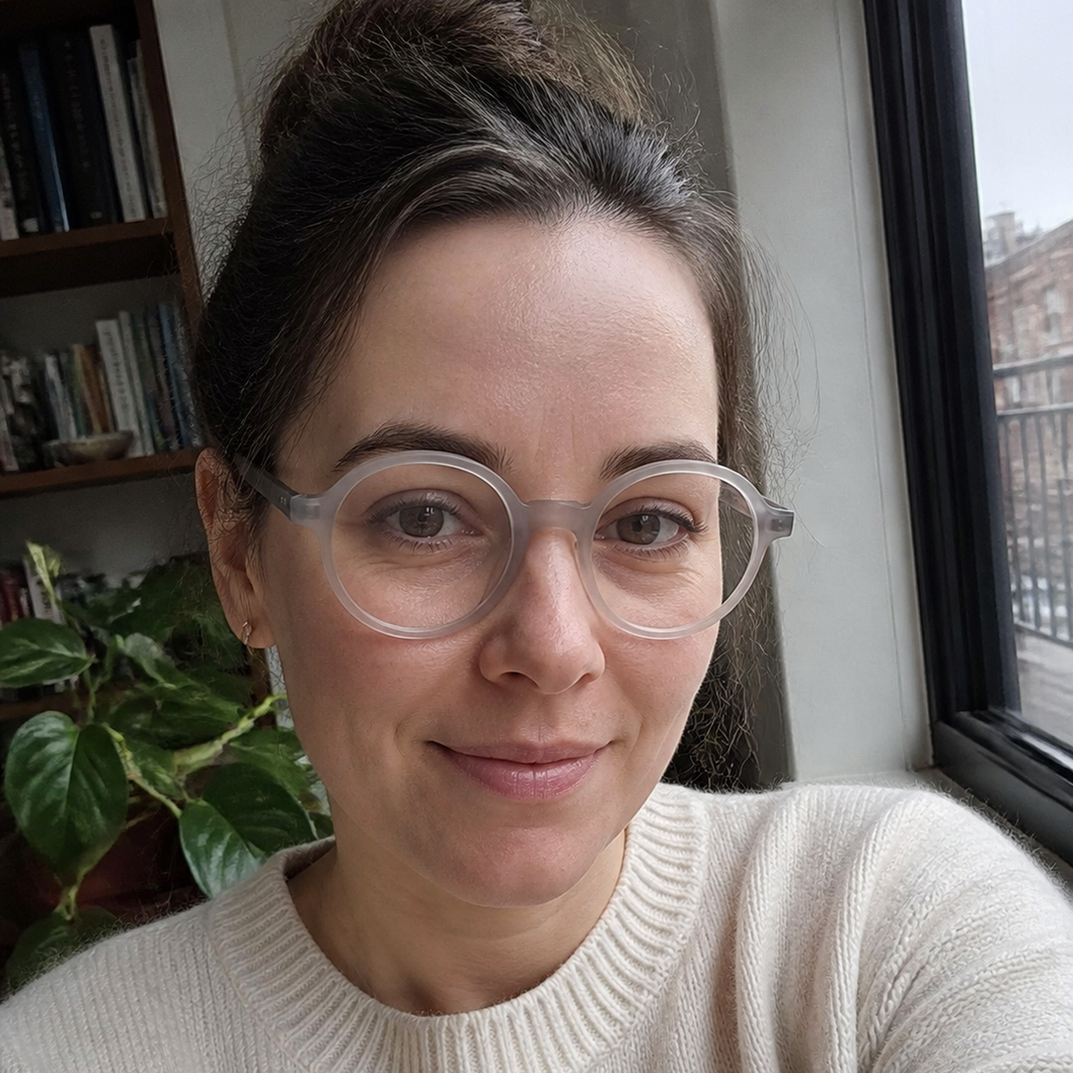 Marlow frost gray acetate glasses worn by a customer