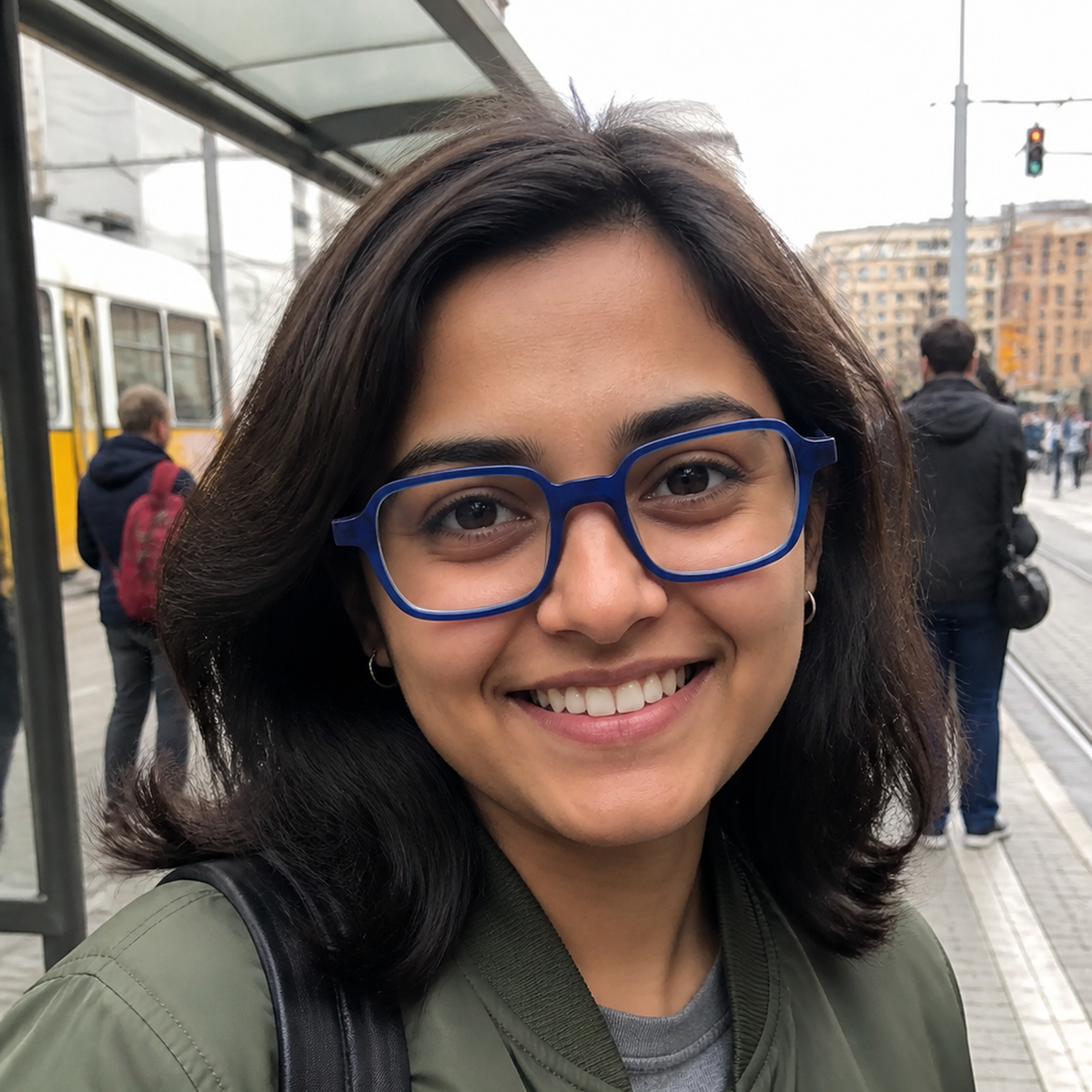 Evelyn blue acetate glasses worn by a customer